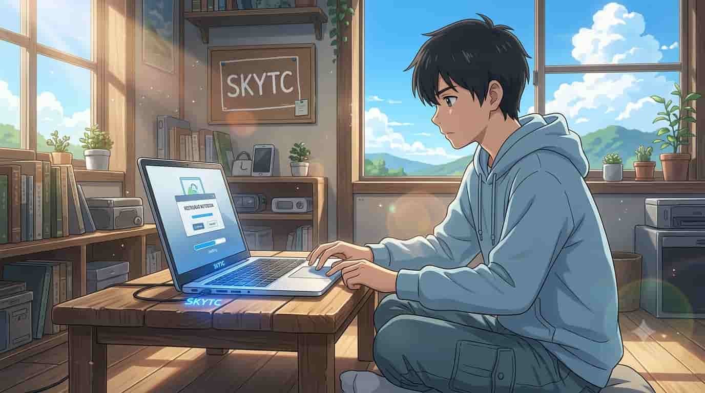 Como Resetar o Notebook de Fábrica com Segurança: Guia Definitivo de Bancada Sem Perder Seus Dados 2 Uma ilustração estilo anime inspirado em Makoto Shinkai mostra um jovem de moletom azul sentado no chão de uma sala ensolarada, redefinindo um notebook. Na parede, há um quadro com o nome SKYTC. O notebook mostra uma barra de progresso.