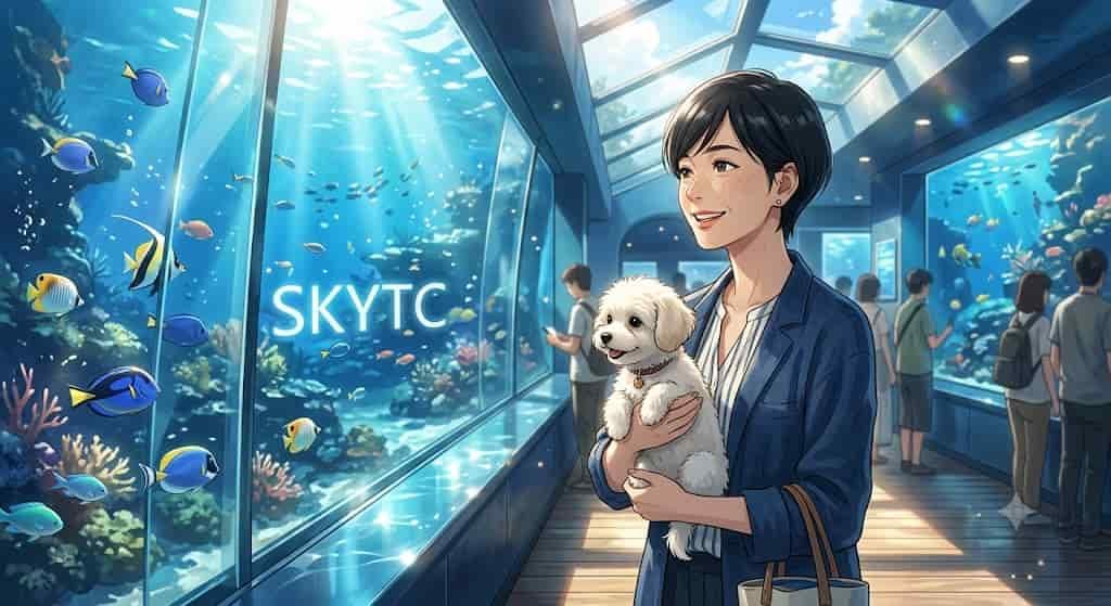 Diferenciar Nado Torto e Problema na Bexiga Natatória em Kinguios 2 Ilustração estilo anime de mulher japonesa com corte pixie e pet Maltipoo branco observando aquário com o nome SKYTC visível.