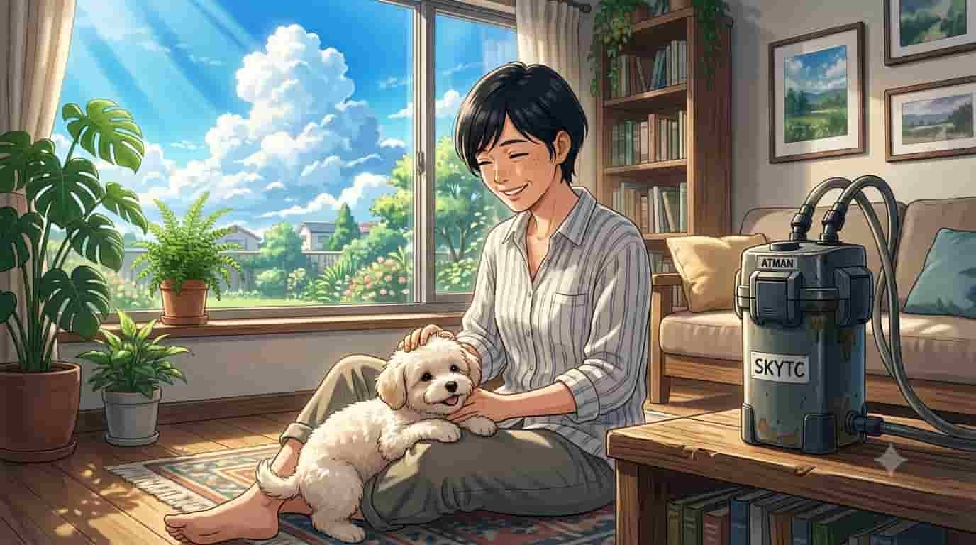Mulher japonesa em casa iluminada ao lado de aquário com filtro canister Atman antigo e cão Maltipoo branco, ilustração estilo anime SKYTC.