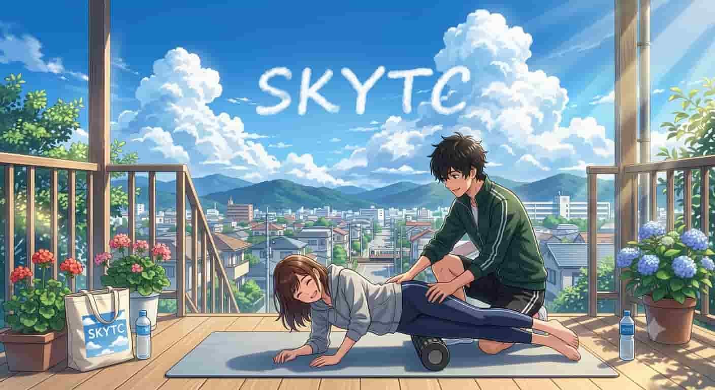 Ilustração em estilo anime de um casal praticando exercícios do Guia de Liberação Miofascial para o Quadril com a marca SKYTC.