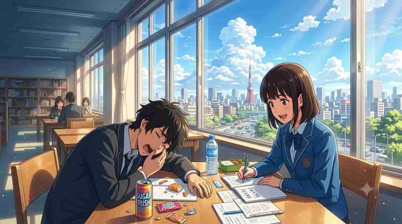 O Impacto do Açúcar na Fadiga Mental da Tarde 4 Ilustração em estilo anime de um rapaz e uma moça em uma sala ensolarada durante a tarde, representando o impacto do açúcar na fadiga mental com a marca SKYTC.
