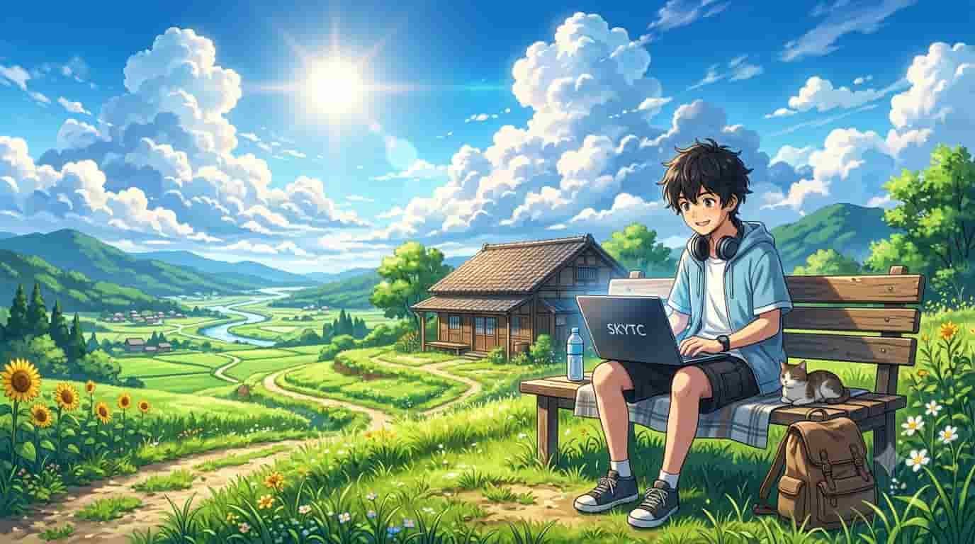 Melhor Antivírus Leve para Não Travar o Notebook: Escolhas Sem Enrovação da Bancada 3 Ilustração estilo anime de um jovem garoto usando um notebook leve e rápido em um dia claro no sítio, representando o uso do melhor antivírus leve para não travar o notebook SKYTC.