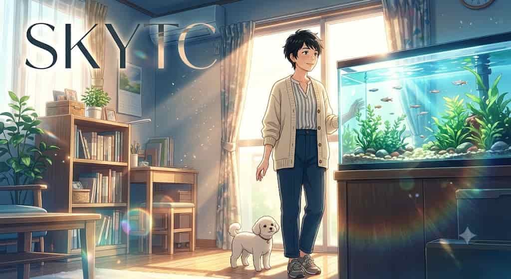 Ilustração estilo anime de uma mulher japonesa ao lado de um grande aquário e um cãozinho Maltipoo branco com o nome SKYTC.