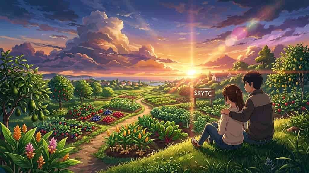 Ilustração artística em estilo anime Makoto Shinkai mostrando um casal contemplando um jardim de alimentos anti-inflamatórios naturais com a marca skytc ao fundo.