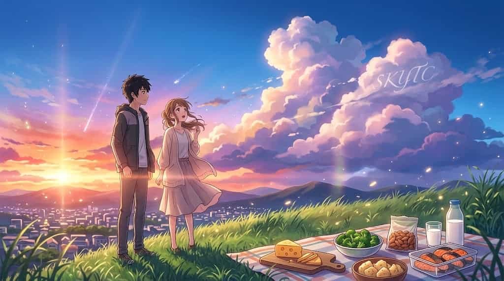 Ilustração em estilo anime por skytc mostrando um casal em um piquenique ao pôr do sol com alimentos nutritivos para fortalecer os ossos, com a marca SKYTC no céu.