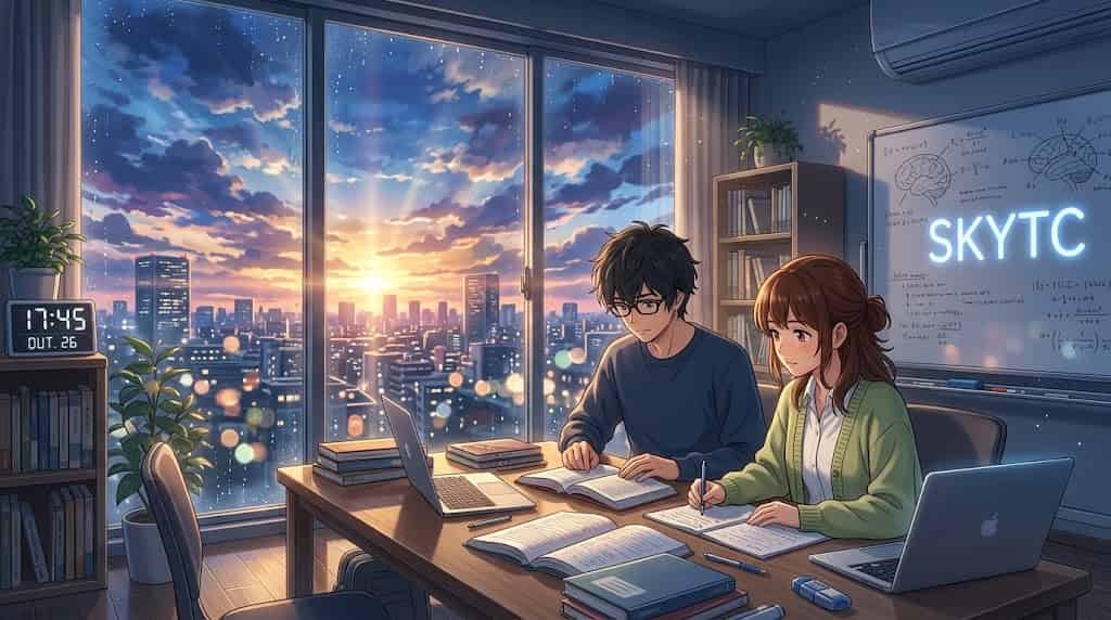 Ilustração estilo anime Makoto Shinkai de dois estudantes estudando com foco em suplementos para memória skytc.Legenda Sugerida: Desbloqueie seu potencial cognitivo com os melhores suplementos para memória e aprendizado no blog skytc.