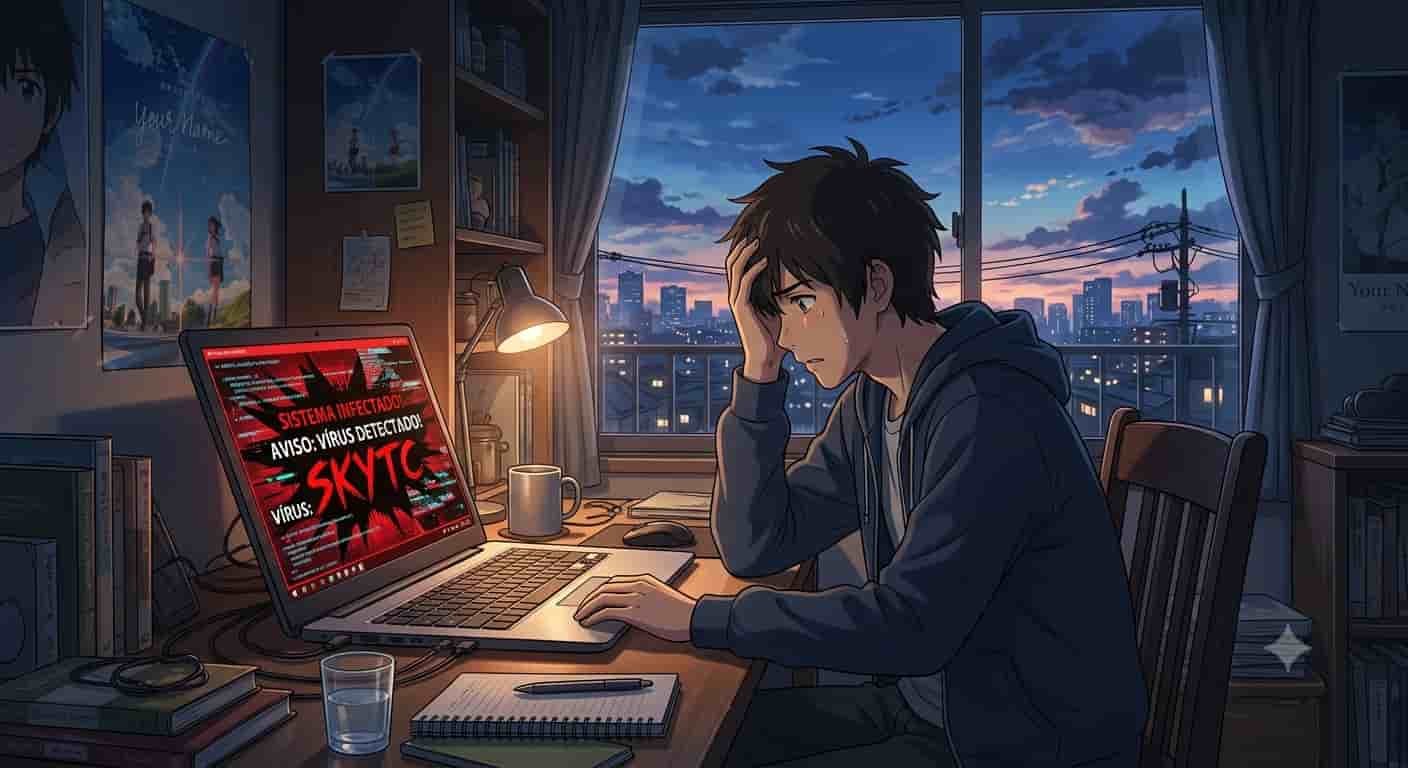 Notebook com Vírus: Sinais Claros de Infecção e Como Salvar Seu Hardware 4 Ilustração em estilo anime inspirada em Makoto Shinkai mostrando um rapaz preocupado diante de um notebook com sinais de vírus e infecção, com a palavra SKYTC visível ao fundo.