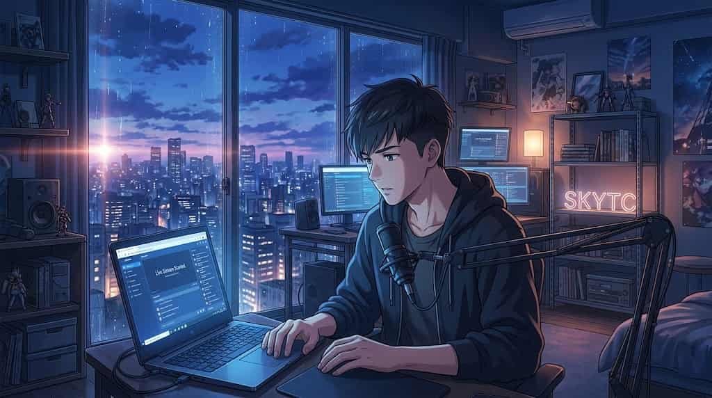 Notebook para Lives e Streaming: Requisitos Básicos Sem Enrolação Comercial 5 Ilustração em estilo anime inspirada em Makoto Shinkai mostrando um homem utilizando um notebook para lives e streaming em seu quarto, com o letreiro neon SKYTC ao fundo.