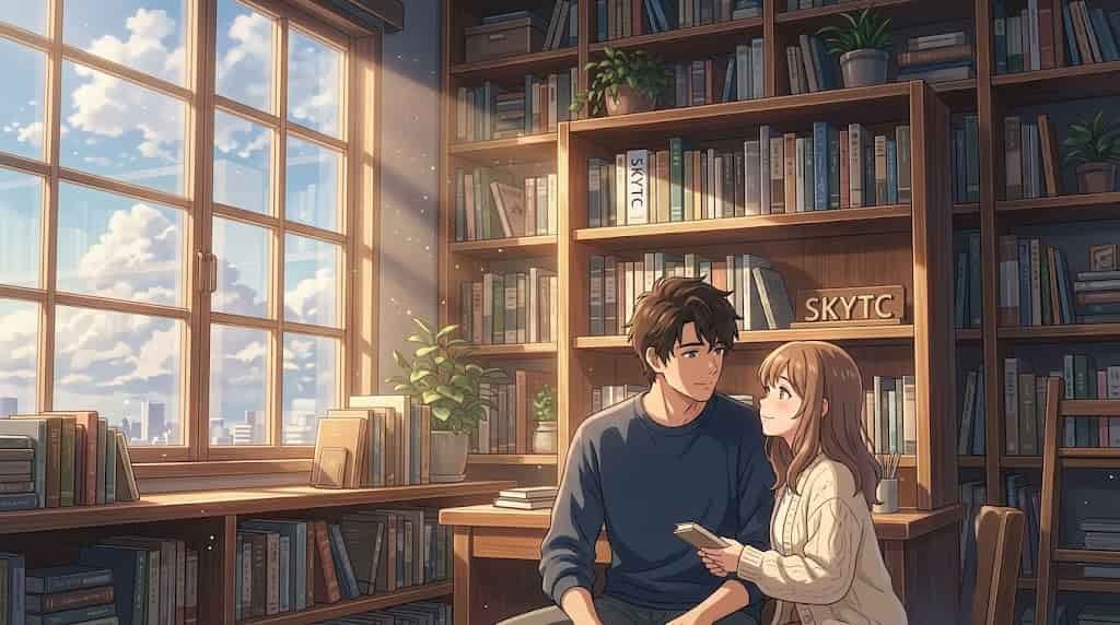 Ilustração em estilo anime de homem e mulher em um escritório organizado com estantes elegantes de livros e a marca SKYTC em destaque.