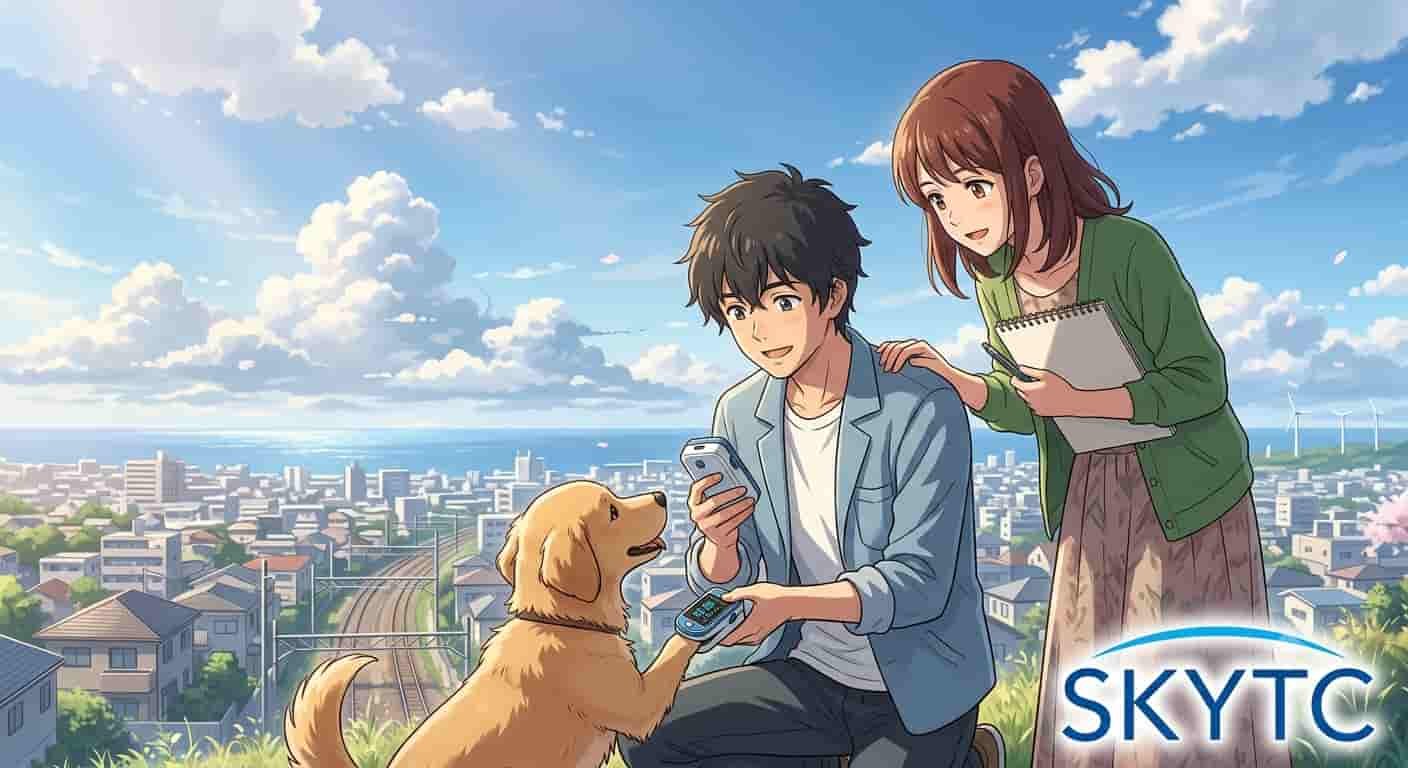 Oxímetro de Pulso Para Pets: Quando É Necessário e Como Não Ser Enganado 3 Jovem casal cuidando de um pet com oxímetro de pulso em um dia claro, em estilo anime Makoto Shinkai, com a marca SKYTC.