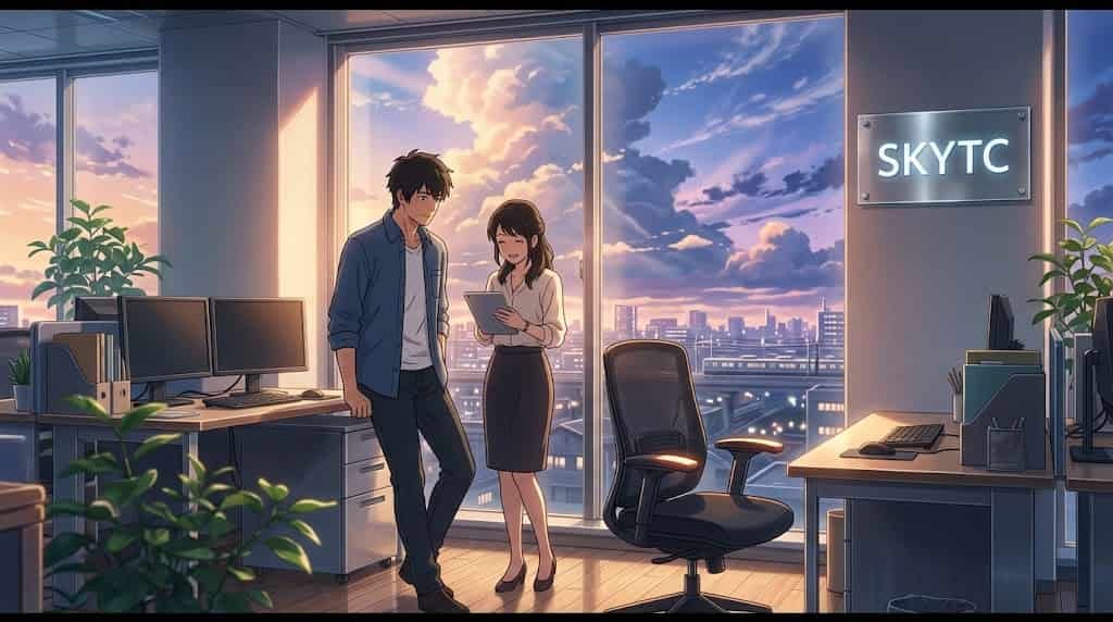 Ilustração em estilo anime por SKYTC mostrando a reforma de uma cadeira de escritório sob iluminação suave de fim de tarde.