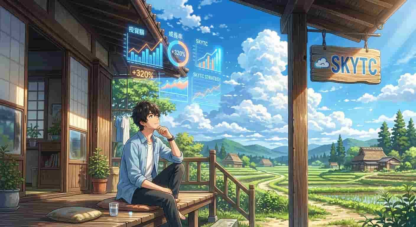 Ilustração em estilo anime de um jovem observando gráficos de rodadas de investimento em startups da SKYTC em um dia ensolarado.
