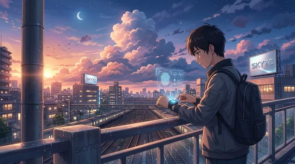 O Papel dos Sensores Biométricos nos Novos Gadgets Tech: A Verdade Sem Filtro Sobre Saúde e Privacidade 2 Ilustração no estilo anime de Makoto Shinkai mostrando um jovem interagindo com um smartwatch com interface holográfica de sensor biométrico ao por do sol na cidade, com a marca skytc