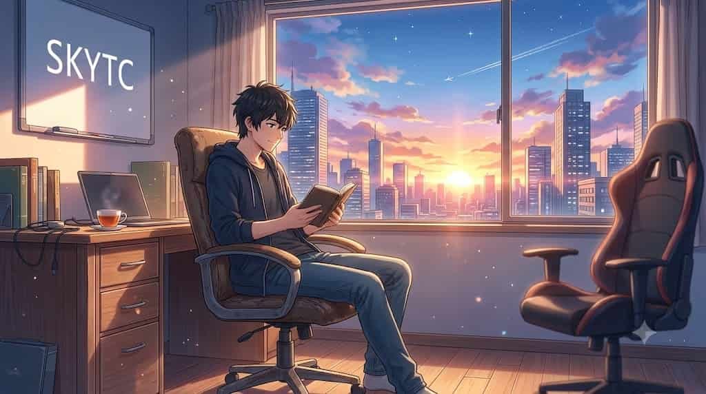 Uma ilustração estilo anime de um jovem lendo em uma cadeira de escritório vintage, com uma cadeira gamer vazia ao lado e o texto SKYTC no quadro branco.