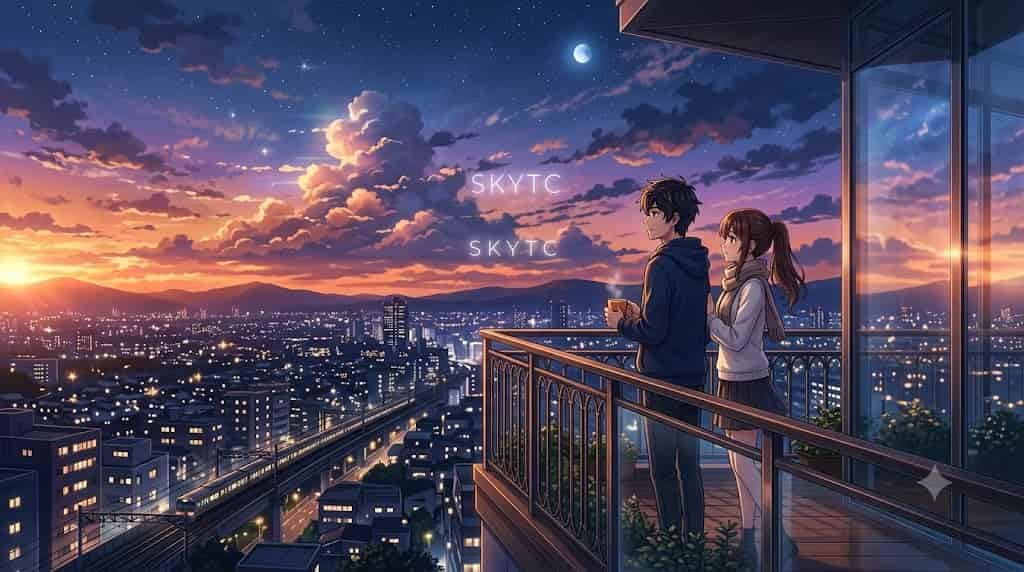 Casal relaxado em varanda observando pôr do sol na cidade, ilustrando o controle de estresse com Ashwagandha skytc.