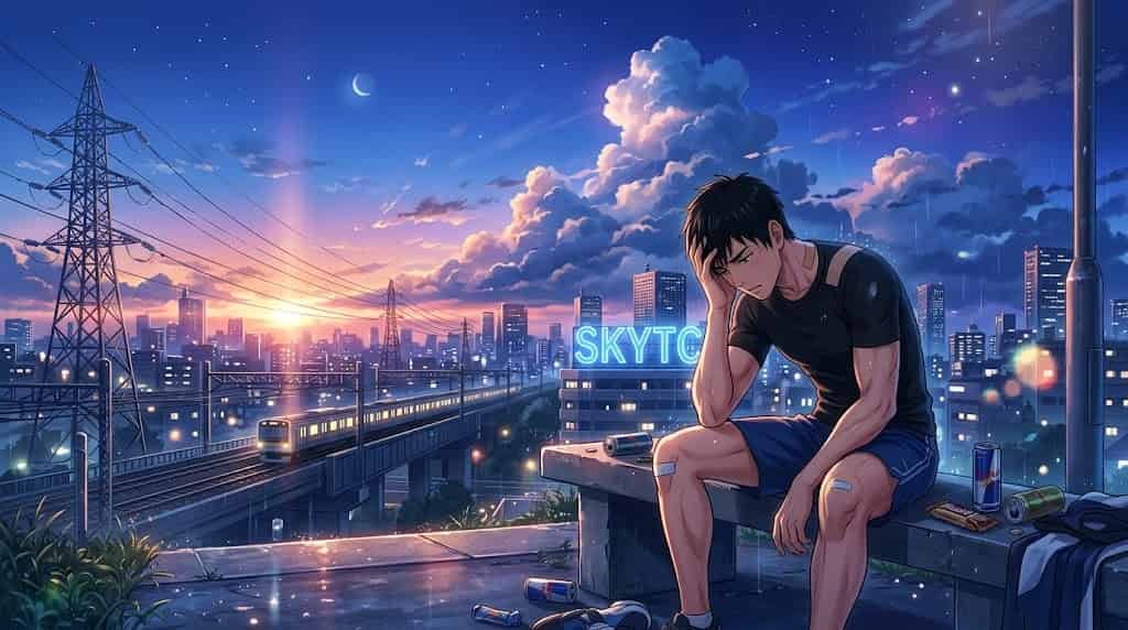Uma ilustração estilo anime skytc de um atleta masculino exausto, sentado em um banco ao anoitecer, representando como o estresse mental prejudica a recuperação física. Há um letreiro neon ao fundo com o texto SKYTC.