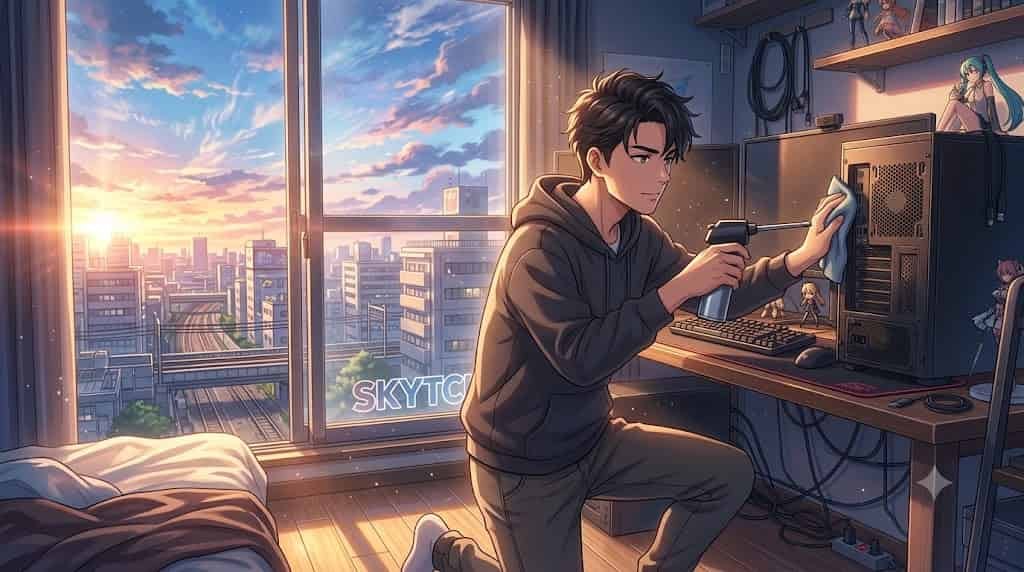 Ilustração estilo anime de um jovem limpando poeira de um PC desktop com ar comprimido em um quarto ensolarado com vista para a cidade. No vidro da janela, está escrito SKYTC.