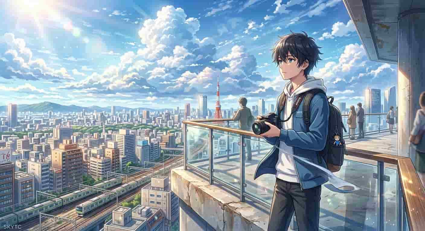 Ilustração em estilo anime de um jovem rapaz analisando um e-mail no computador em um dia claro, com a marca SKYTC.