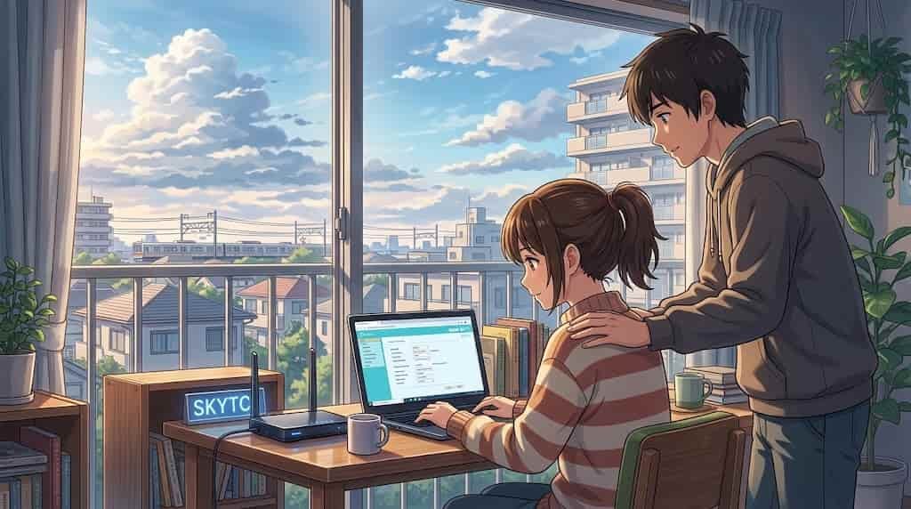 Casal em estilo anime Shinkai configurando roteador skytc para segurança.