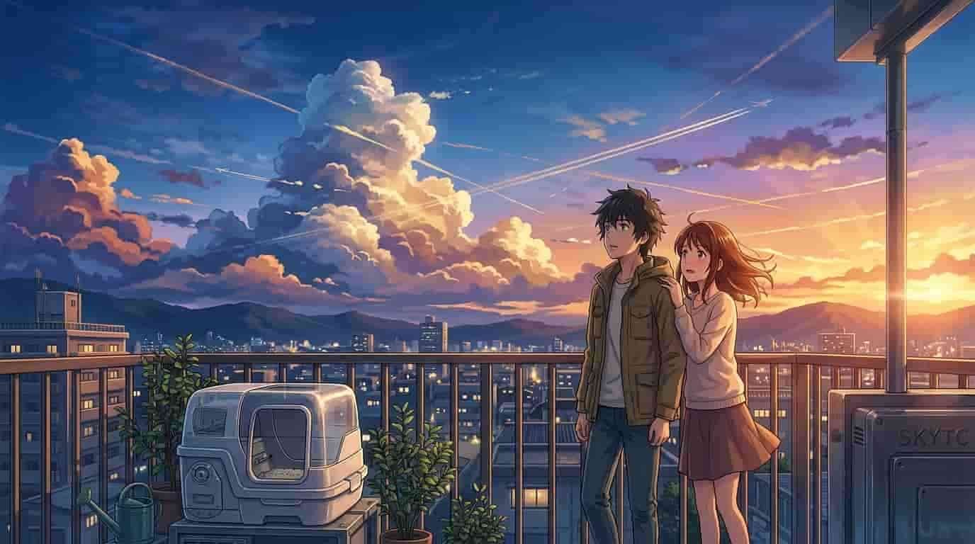 Ilustração estilo Makoto Shinkai de um casal em uma varanda ao pôr do sol, observando uma caixa de areia autolimpante com tecnologia SKYTC.