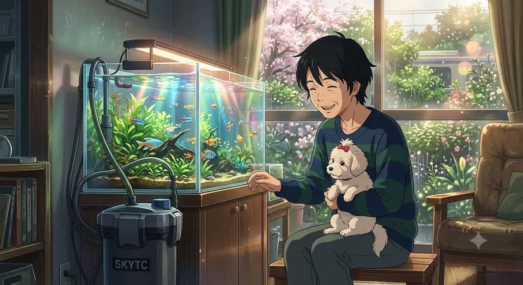 Filtro Canister de Grife (Eheim, Fluval) vs Marcas Baratas: O Veredito de Bancada 2 Ilustração estilo anime SKYTC de uma mulher japonesa de 45 anos com seu pet Maltipoo branco observando um aquário com filtro canister.