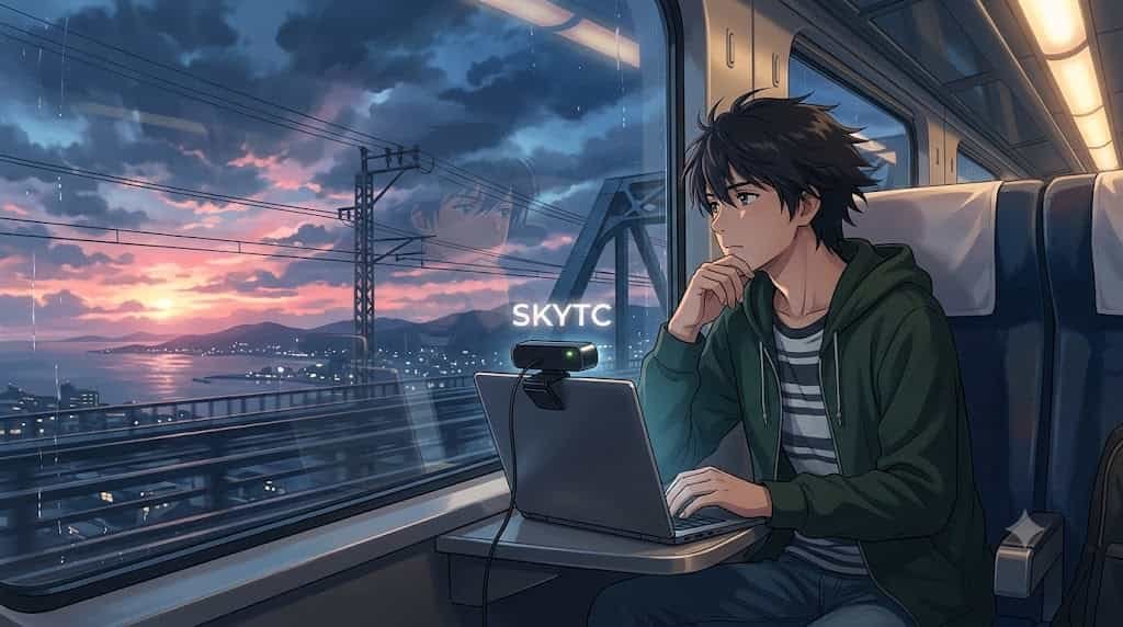 Webcams Externas para Notebook: Quando Investir? 10 Ilustração artística em estilo anime para o blog skytc, inspirada em Makoto Shinkai, mostrando um jovem pensativo usando um notebook com uma webcam externa em um trem ao pôr do sol. O texto "SKYTC" está visível.