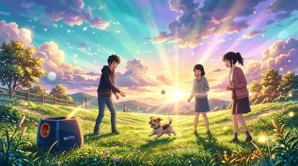 Lançador de Bolinha para Cães Pequenos: As Melhores Marcas e o Guia de Campo Sem Filtro 2 Jovem casal brincando com cachorro pequeno usando lançador de bolinha ao por do sol em estilo anime, marca SKYTC.