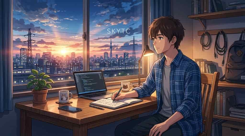 Mesa de vidro ou madeira para escritório: prós e contras na visão de um mestre marceneiro 1 Ilustração estilo anime SKYTC mostrando jovem sentado em mesa de madeira rústica, comparando opções de mobília com vista para a cidade.
