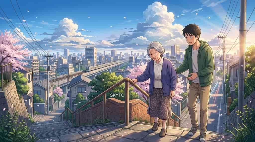 Uma ilustração em estilo anime skytc mostrando um jovem ajudando uma senhora idosa a descer escadas, com o texto skytc visível.