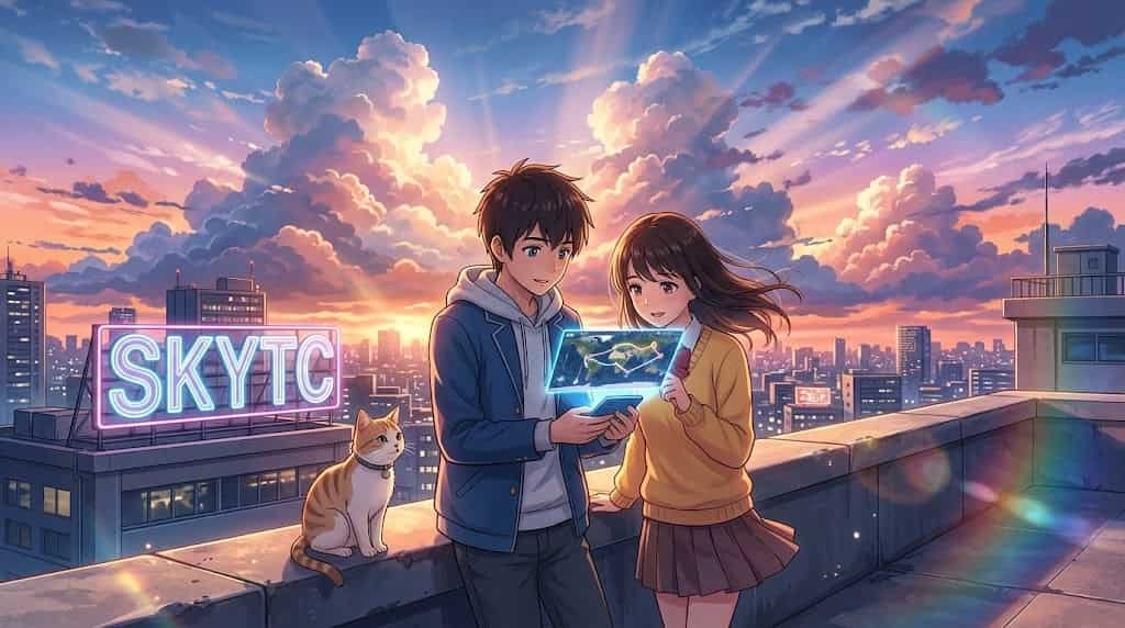 Como Monitorar o Território do Seu Gato via Satélite: O Guia Definitivo e Sem Filtro para Mapeamento Felino 1 Ilustração em estilo anime skytc mostrando um casal jovem monitorando o mapa de satélite do território do seu gato no smartphone sob um céu vibrante de pôr do sol.
