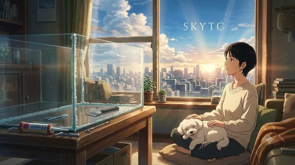 Ilustração estilo anime skytc de uma mulher japonesa contemplativa com seu Maltipoo, olhando para um aquário grande recém-selado com silicone, esperando a cura completa.