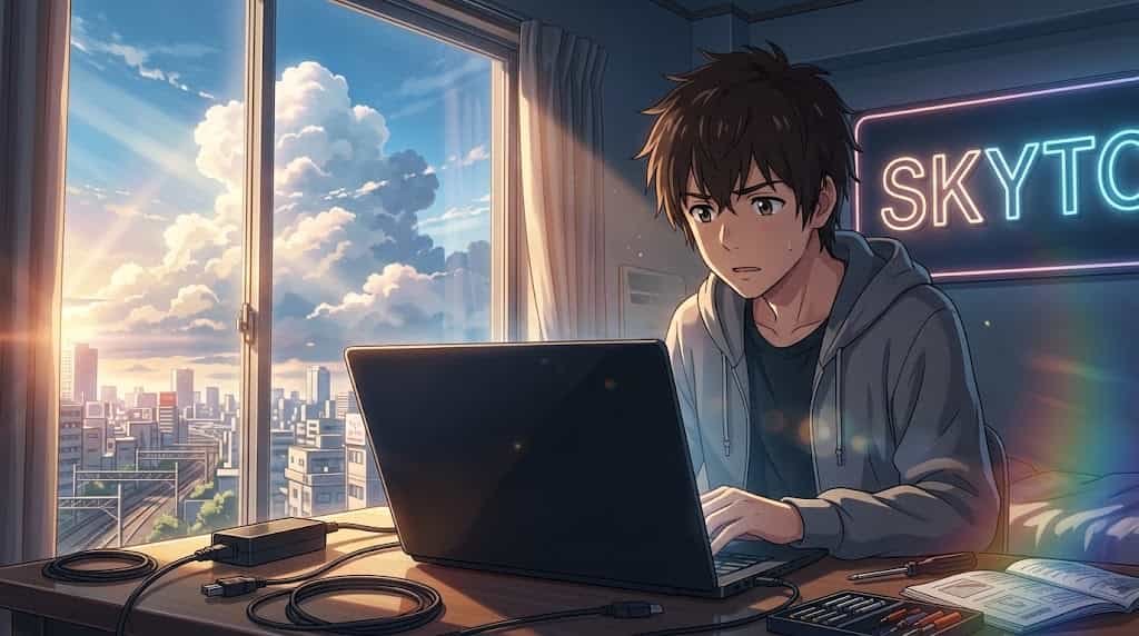 Notebook Não Liga Após Atualização de BIOS: O Que Fazer para Salvar Sua Placa-Mãe 1 Ilustração estilo anime Makoto Shinkai de um jovem angustiado diante de um notebook que não liga após atualização de BIOS, com o letreiro SKYTC ao fundo.
