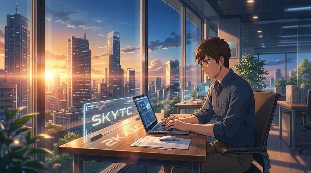 Notebook com Ryzen Graphics: Desempenho Real em Trabalho e a Verdade de Bancada 7 Ilustração estilo anime de um homem trabalhando em um escritório com vista para a cidade e um notebook skytc com Ryzen Graphics.