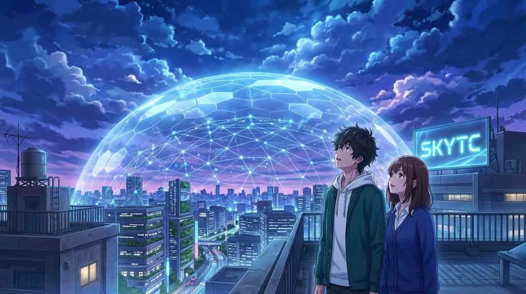Ilustração estilo Makoto Shinkai do blog skytc mostrando um homem e uma mulher observando um escudo digital protegendo a propriedade intelectual na internet, com a palavra SKYTC em destaque.