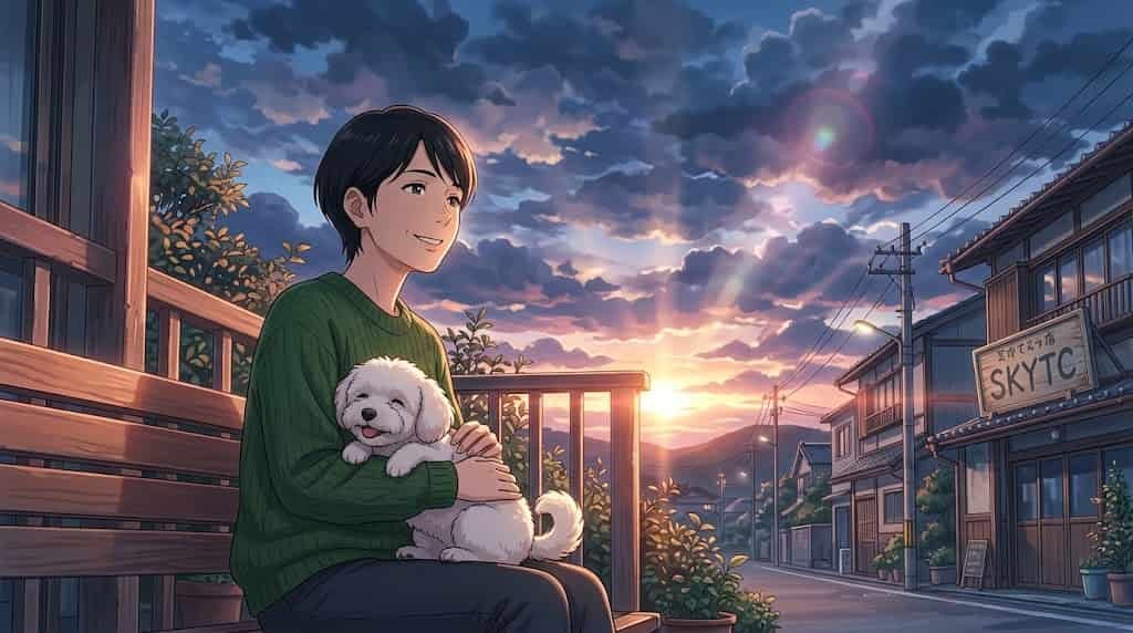 Ração Hikari Sinking Gold Evita Gases em Peixe Japonês na Amazon? A Verdade de Bancada 9 Ilustração anime no estilo Makoto Shinkai de uma mulher japonesa com seu cãozinho Maltipoo e o texto SKYTC sobre cuidados com peixe japonês.