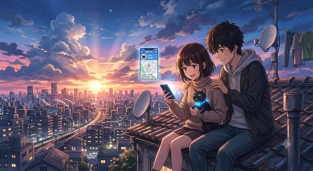 Ilustração estilo anime Makoto Shinkai mostrando um jovem e uma jovem em um telhado ao entardecer procurando um gato com rastreador skytc e a palavra SKYTC visível.
