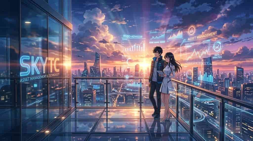Ilustração estilo anime Makoto Shinkai mostrando um homem e uma mulher observando gráficos holográficos de robôs-investidores com a marca SKYTC.