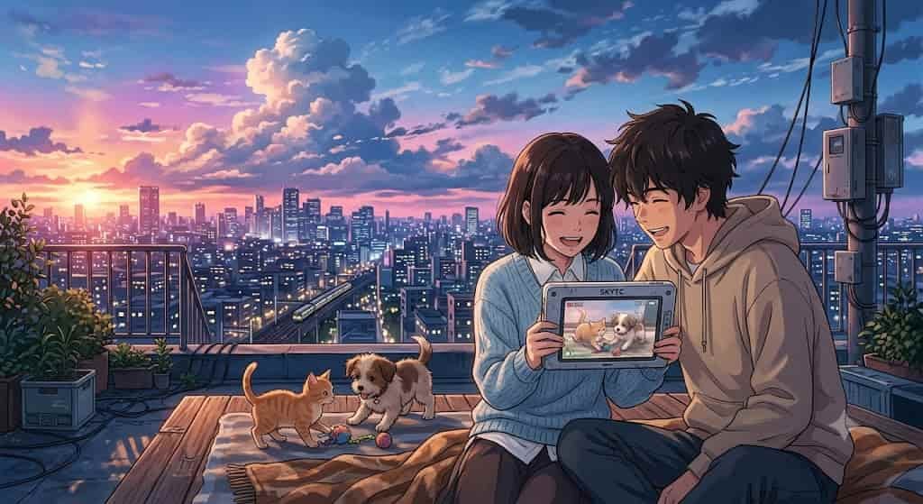 Ilustração estilo anime da SKYTC mostrando um casal utilizando um tablet antigo configurado como câmera de monitoramento para pets.