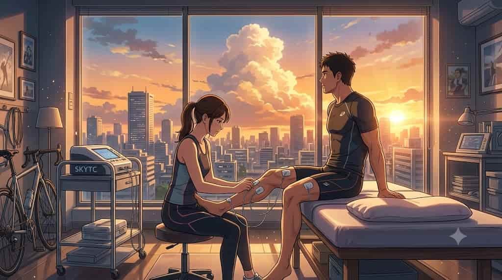 Uma ilustração estilo anime de Makoto Shinkai mostra dois atletas de 40 anos, um homem e uma mulher, relaxando em um estúdio moderno com vista para o pôr do sol. A mulher está aplicando eletrodos de TENS/EMS na perna do homem com um dispositivo SKYTC. Bicicletas e equipamentos esportivos estão na sala