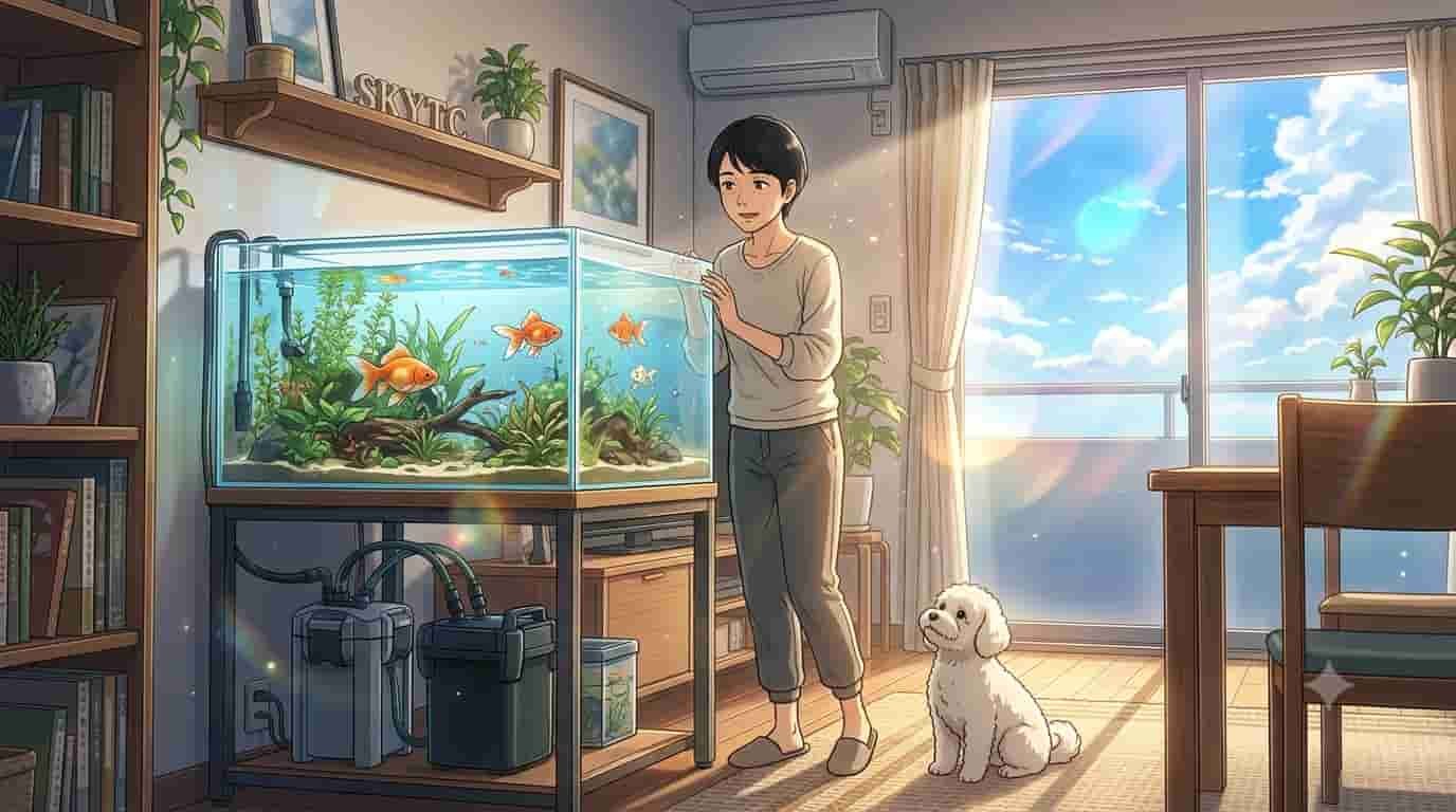 Qual a Vazão de Canister Ideal para Aquário de Kinguio 300 Litros? 5 Mulher japonesa cuidando de aquário de Kinguio de 300 litros com filtro canister ao lado de seu pet Maltipoo branco no estilo anime SKYTC.