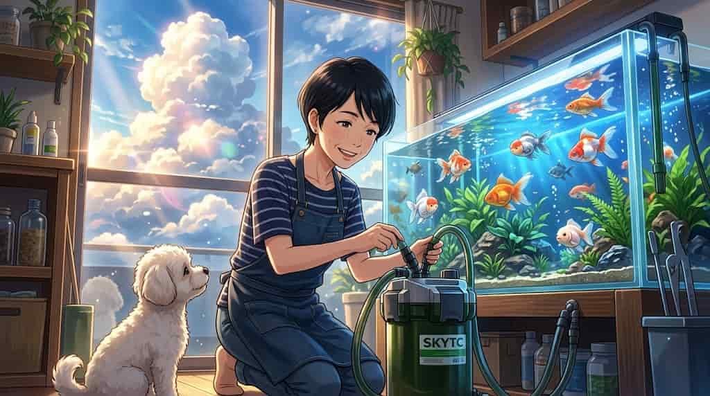 Ilustração estilo anime Makoto Shinkai de uma mulher cuidando do aquário de kinguios e filtro canister da marca SKYTC ao lado do seu cão Maltipoo.