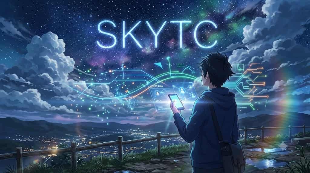Ilustração estilo Makoto Shinkai mostrando um jovem profissional observando conexões digitais e o céu estrelado do skytc, destacando a importância do LinkedIn para networking tech.