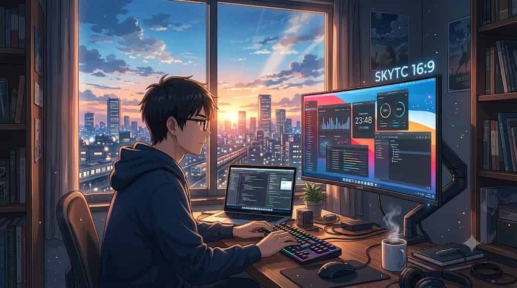Ilustração estilo anime de um homem trabalhando em sua mesa com dois monitores e o texto SKYTC visível, destacando as vantagens do monitor extra na produtividade.