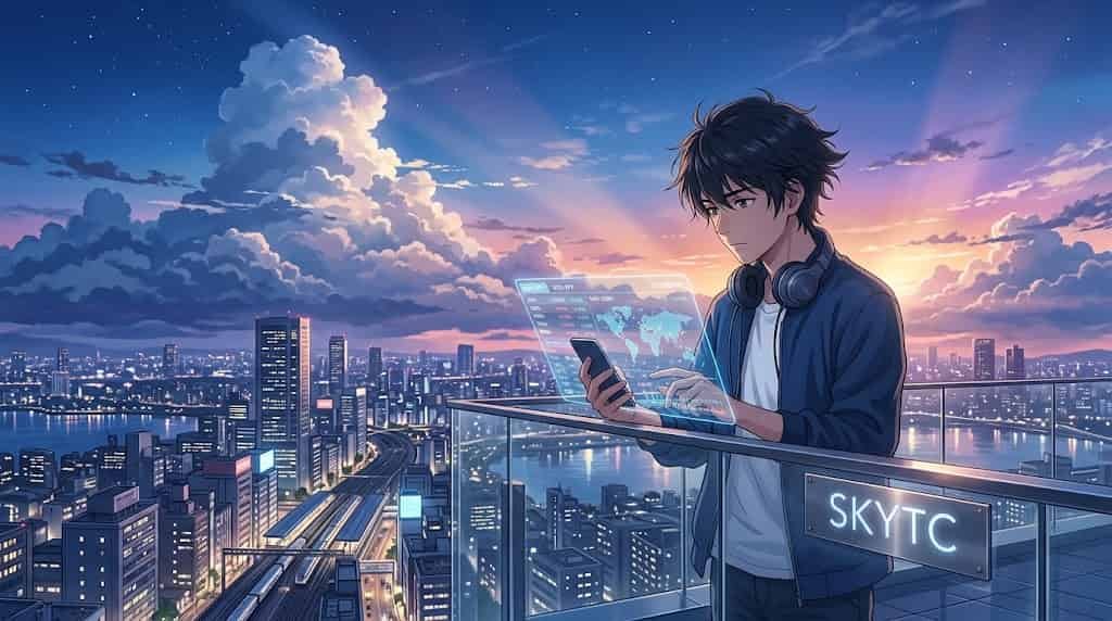 Como Usar o Home Broker para Comprar Ativos Globais sem Ser Engolido pelo Spread 2 Ilustração estilo anime de um jovem investidor na varanda de um arranha-céu ao pôr do sol, usando uma tela holográfica "skytc" para analisar o mercado global e comprar ativos internacionais com Home Broker.