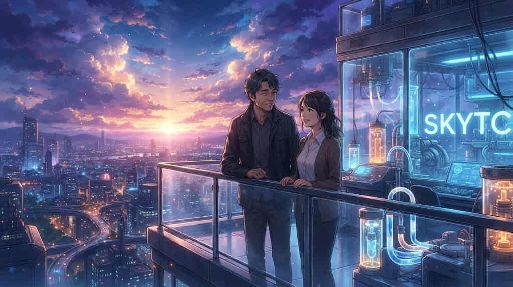 Homem e mulher de 40 anos em um laboratório futurista sob um céu estilo Makoto Shinkai, ilustrando o artigo sobre suplementos de eletrólitos da skytc.